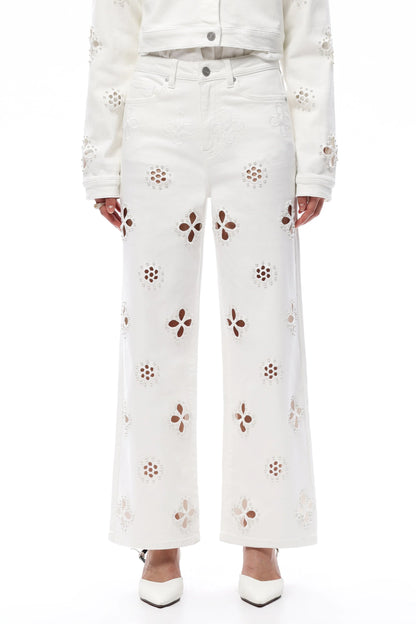 High Rise White Floral Embroidered Straight Leg Jeans