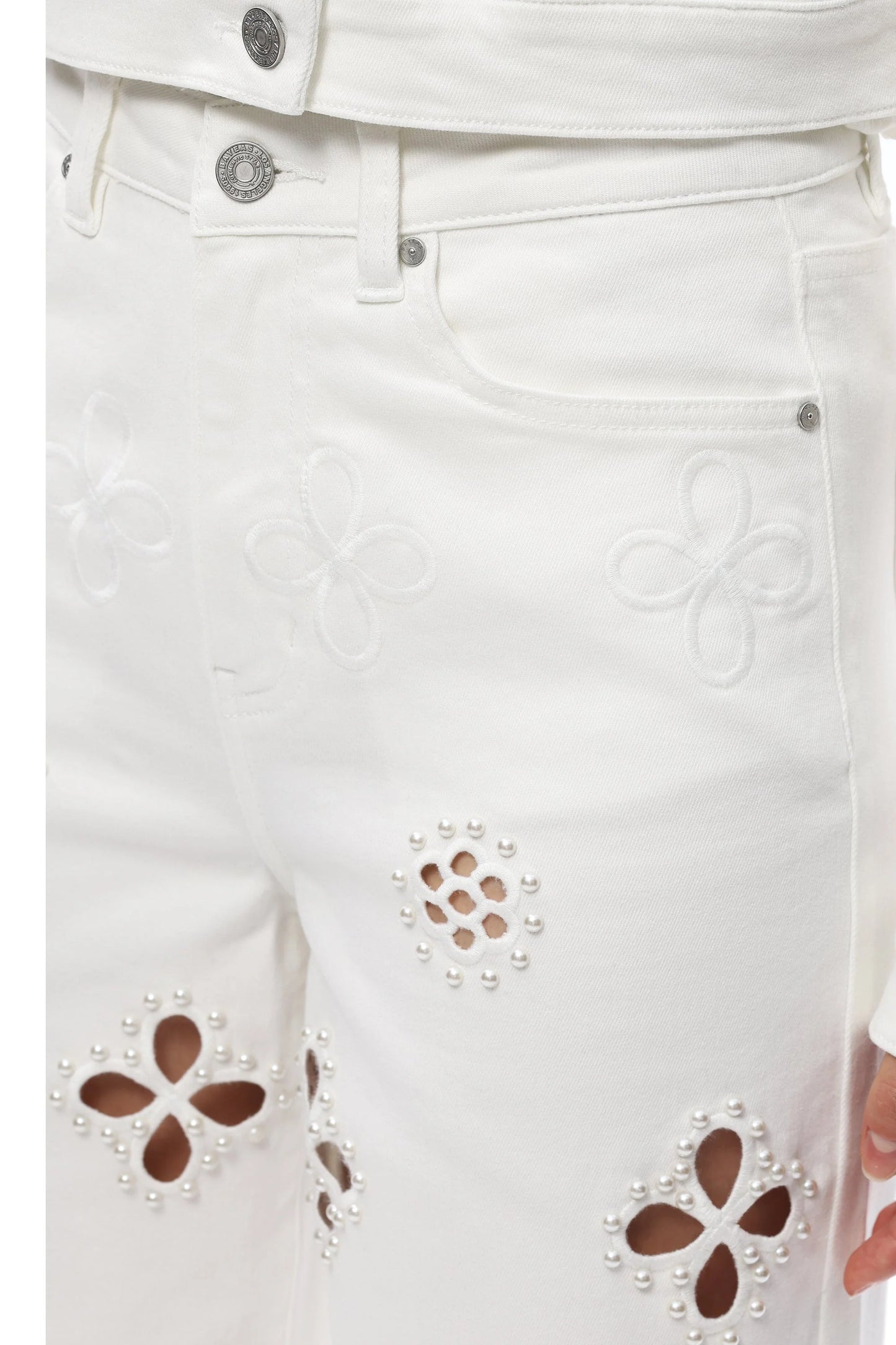 High Rise White Floral Embroidered Straight Leg Jeans