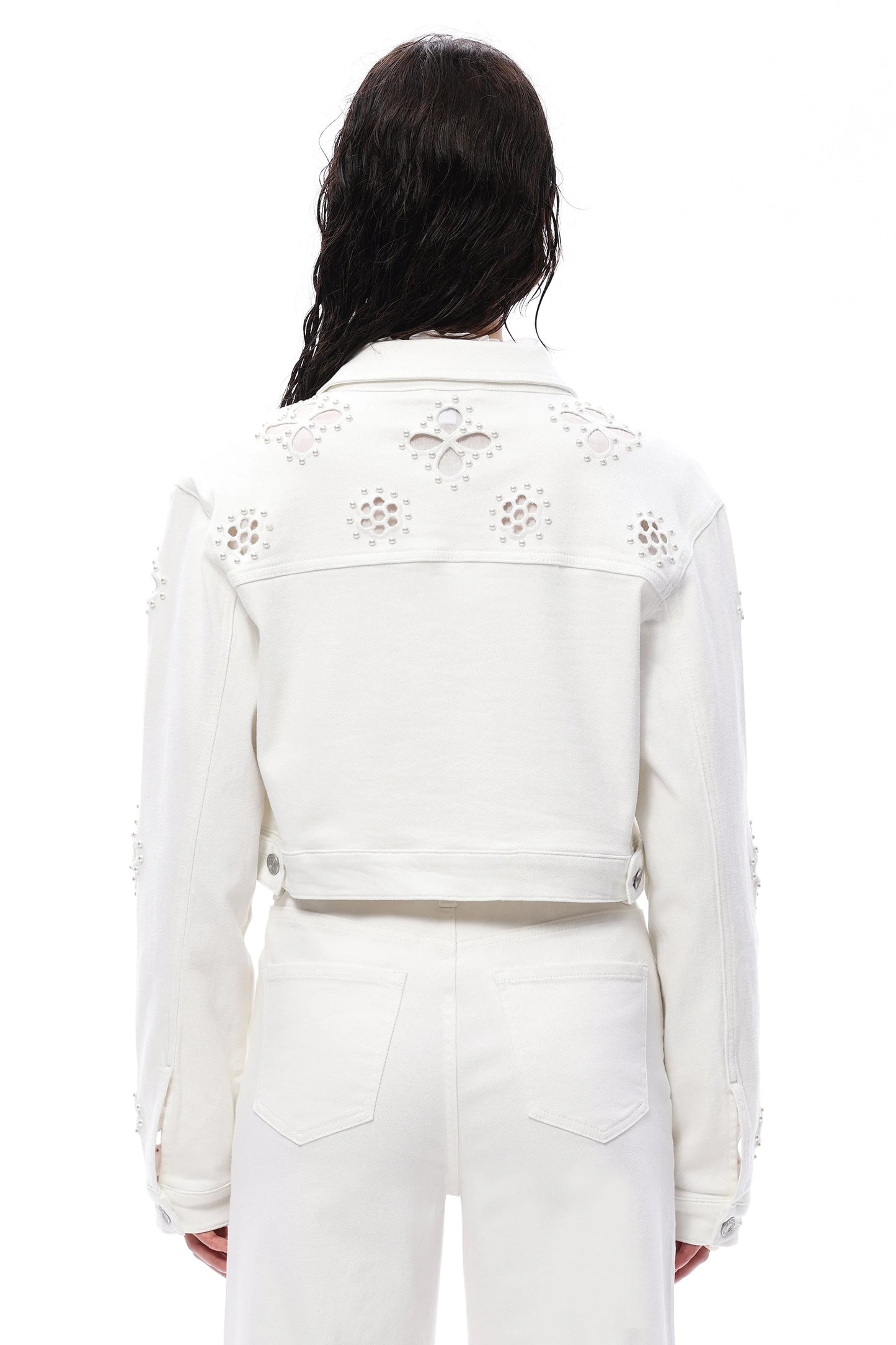 Cropped Embroidered Lace White Denim Jacket