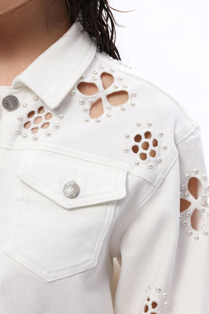 Cropped Embroidered Lace White Denim Jacket