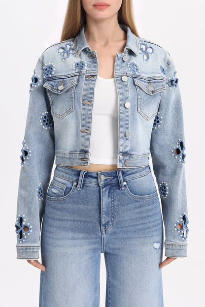 Celeste Cropped Embroidered Lace Denim Jacket