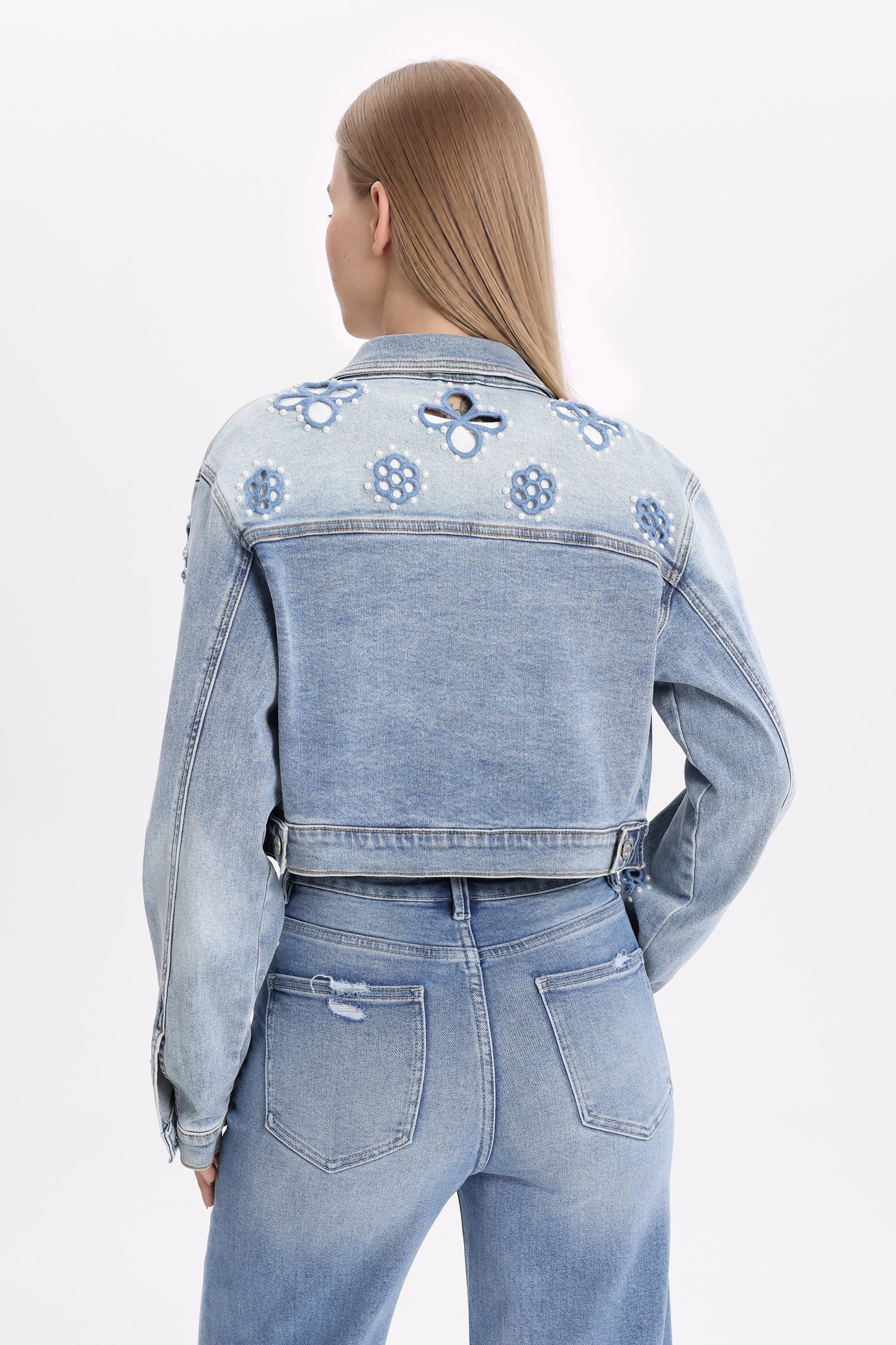 Celeste Cropped Embroidered Lace Denim Jacket