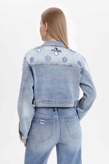 Celeste Cropped Embroidered Lace Denim Jacket