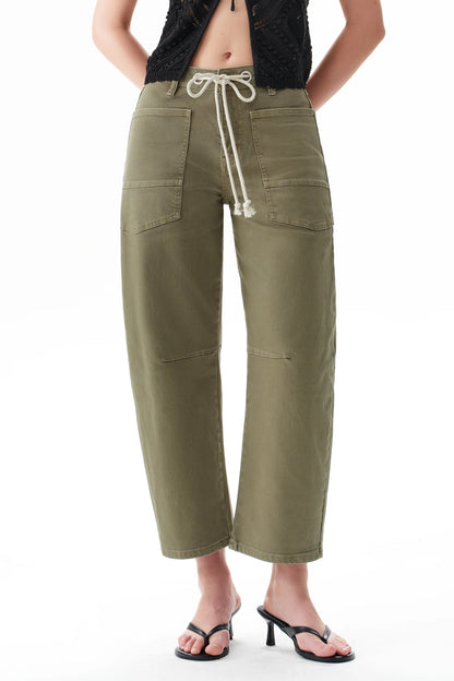 Green High Rise Drawstring Barrel Pants