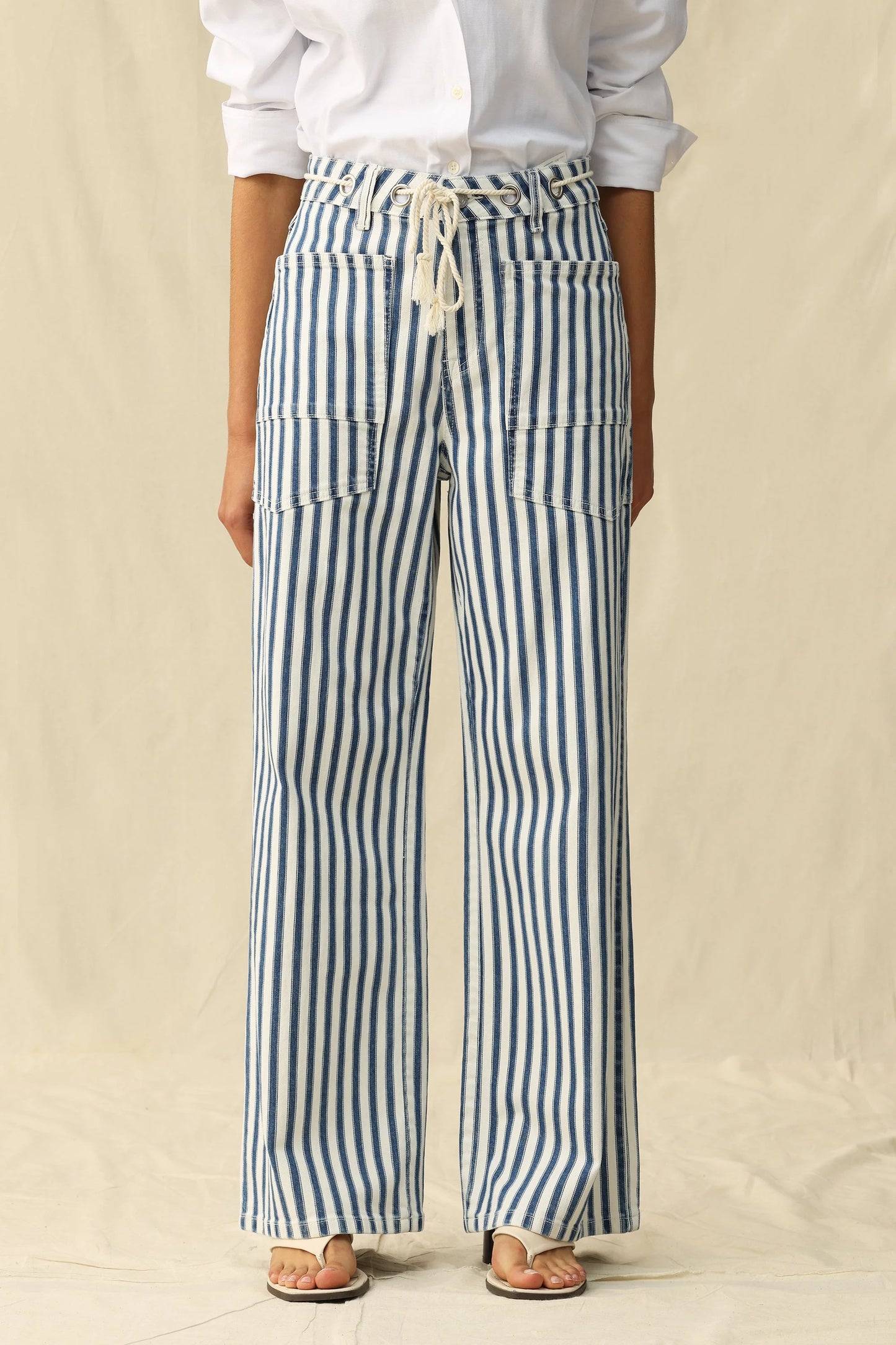 High Rise Striped Drawstring Wide Leg Pants