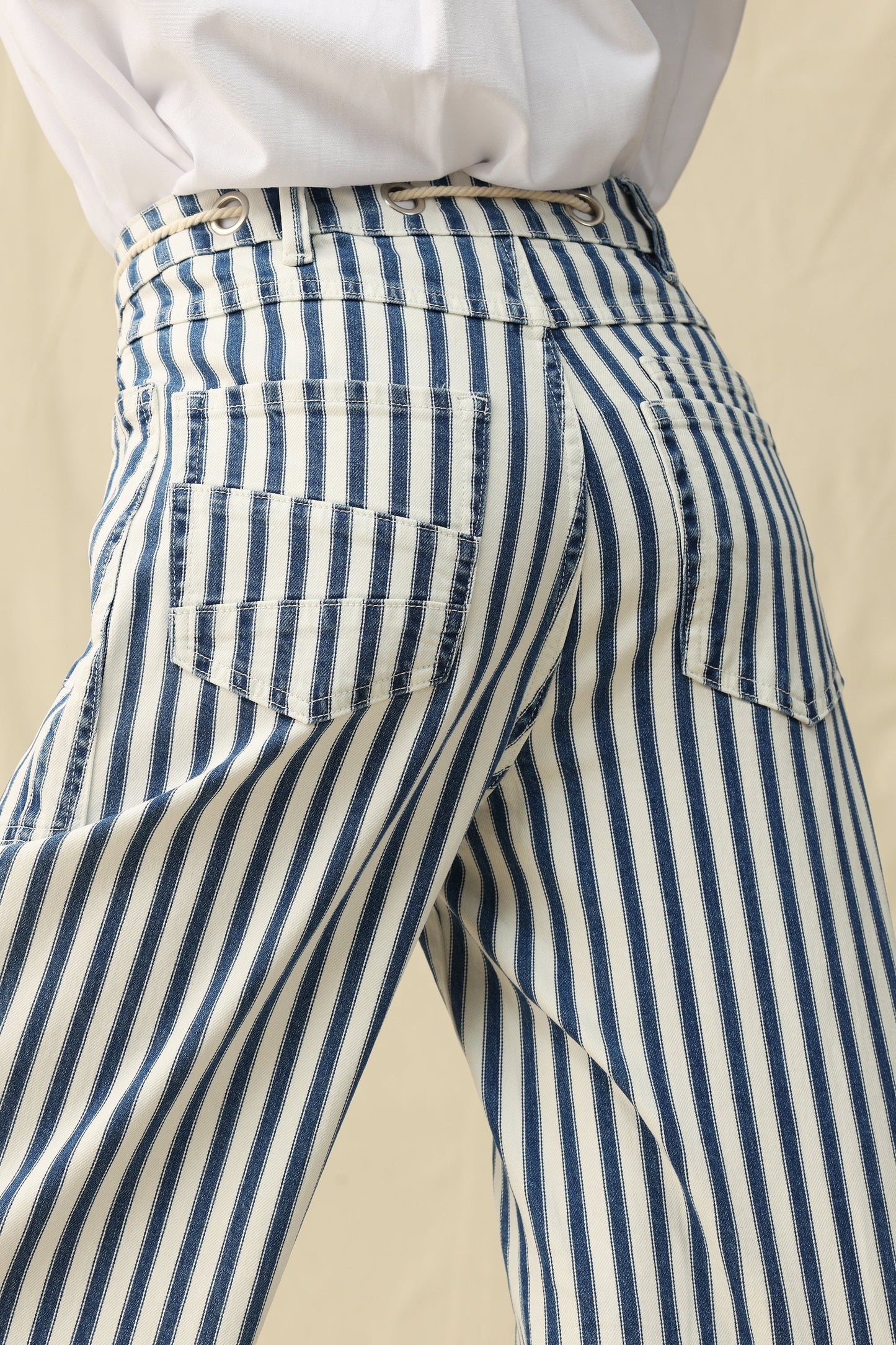 High Rise Striped Drawstring Wide Leg Pants