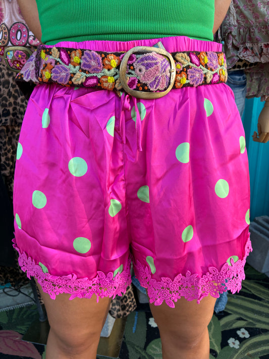 Plus - Polka Dot Satin Lace-Trim Shorts