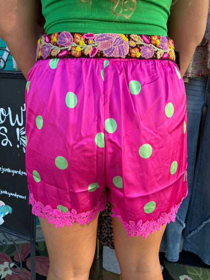 Plus - Polka Dot Satin Lace-Trim Shorts