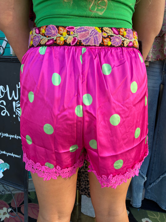 Plus - Polka Dot Satin Lace-Trim Shorts