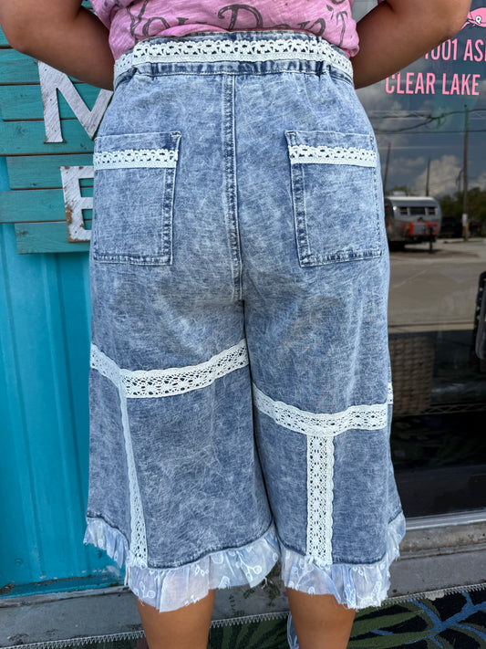 Vintage Washing Lace Ruffle Back Elastic Band Wide Pants