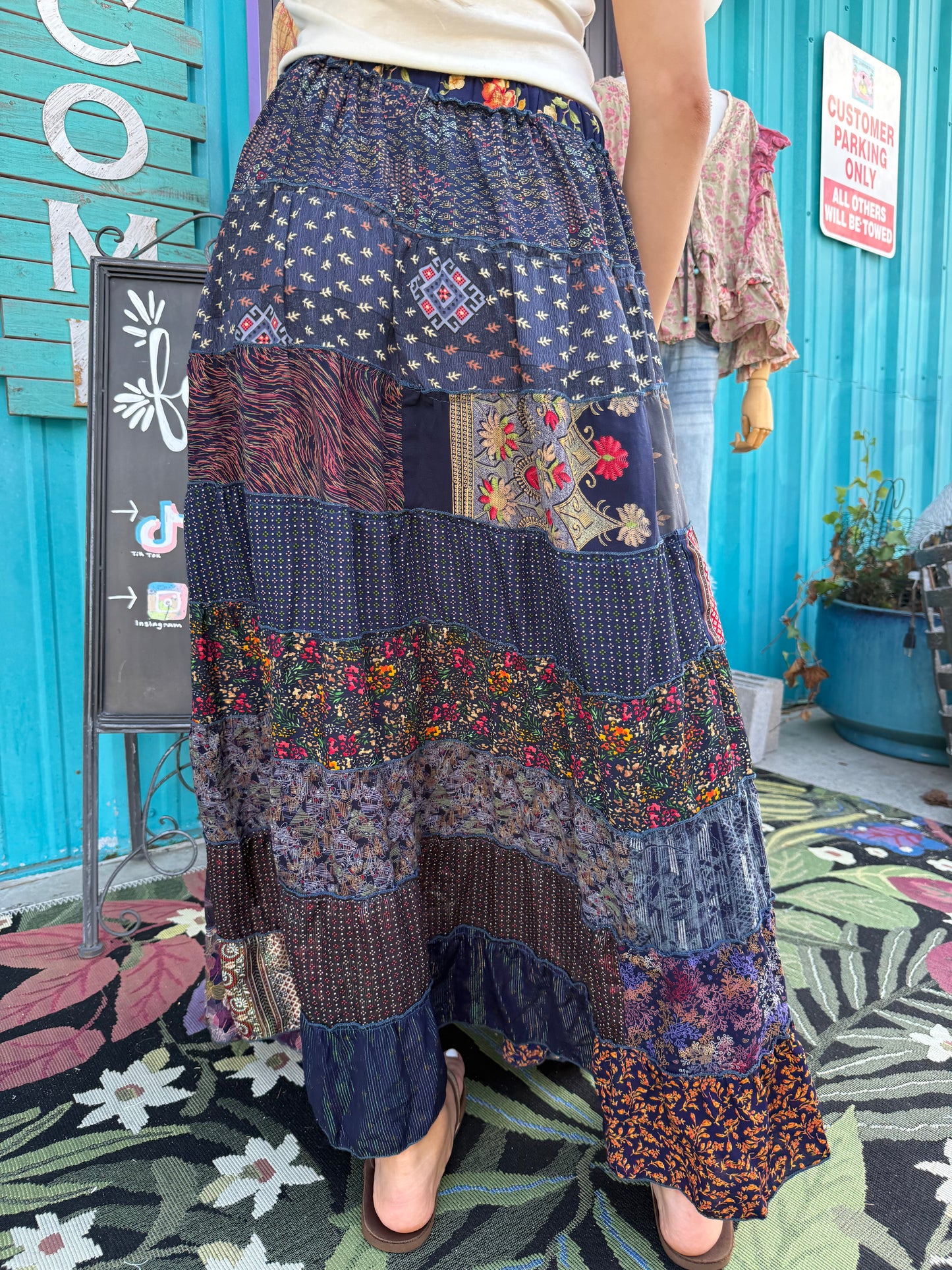 Patchwork Boho Ruffle Wide Flare Skirt