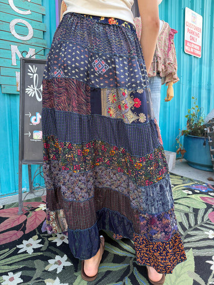 Patchwork Boho Ruffle Wide Flare Skirt
