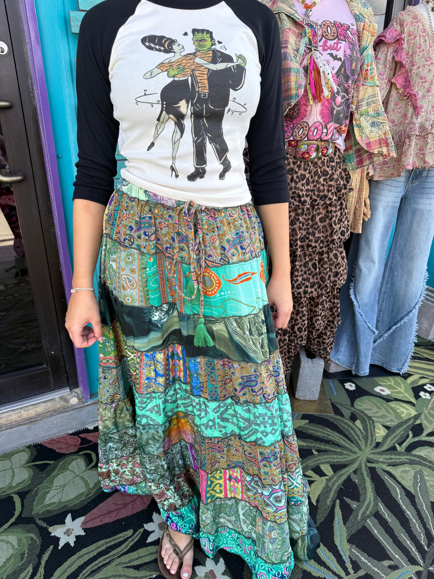 Teal Boho Ruffle Wide Flare Skirt