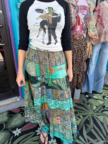 Teal Boho Ruffle Wide Flare Skirt