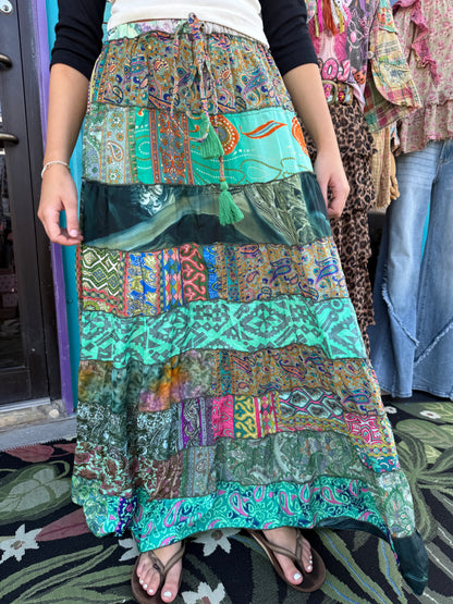 Teal Boho Ruffle Wide Flare Skirt