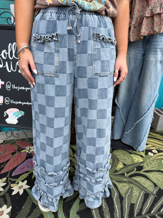 WASHED CHECKERBOARD DENIM RUFFLED DETAIL PANTS