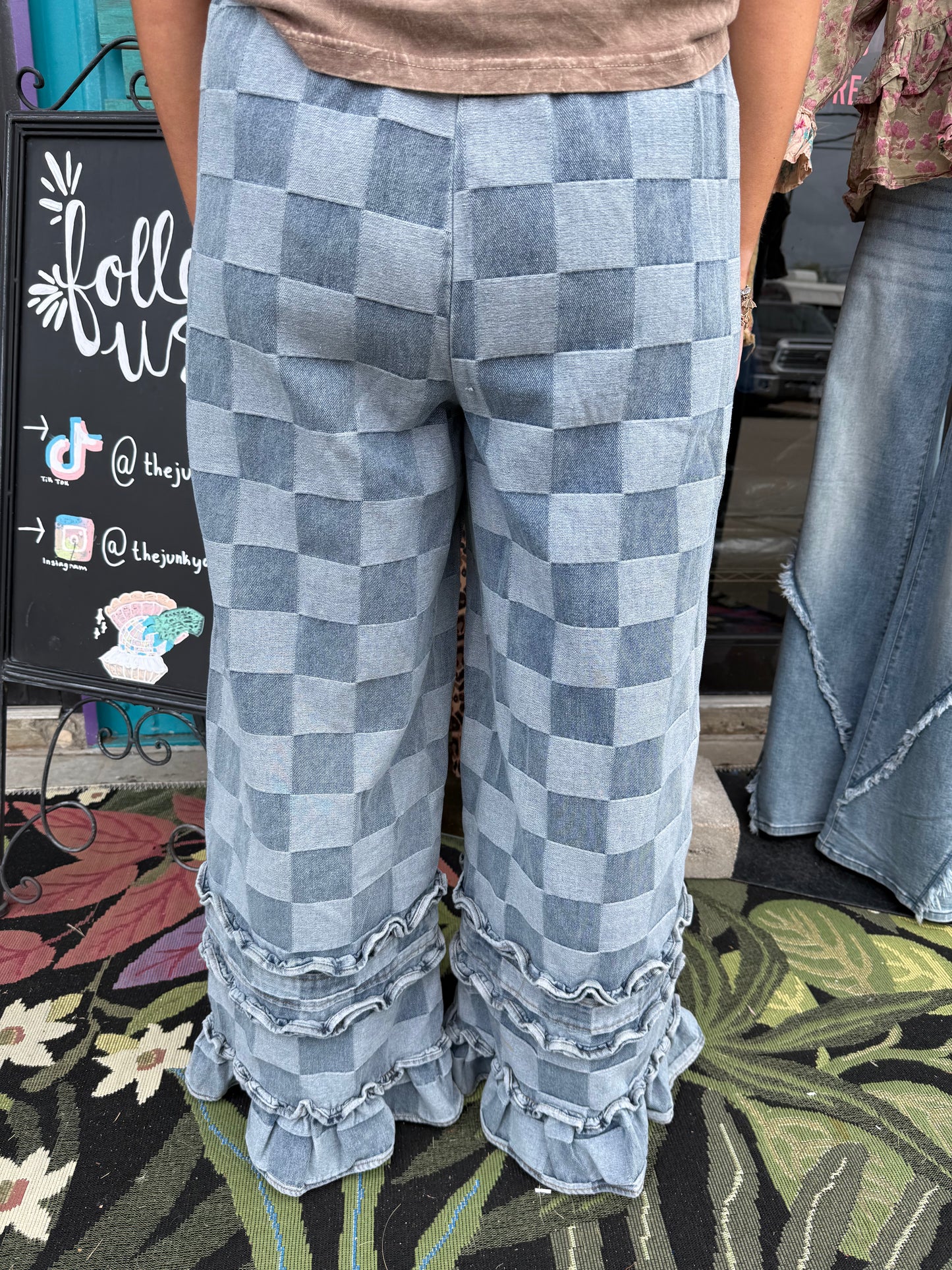 WASHED CHECKERBOARD DENIM RUFFLED DETAIL PANTS