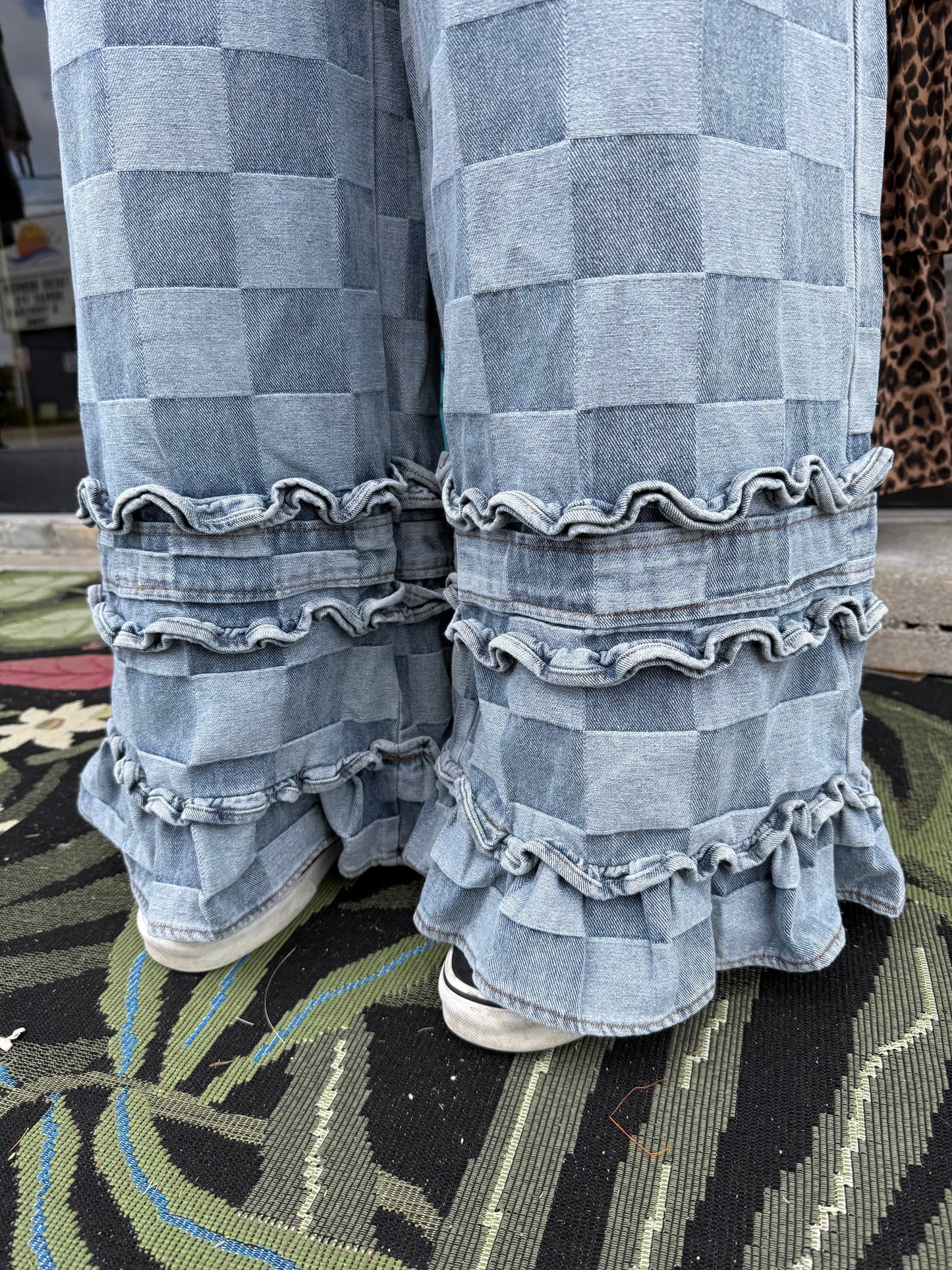 WASHED CHECKERBOARD DENIM RUFFLED DETAIL PANTS