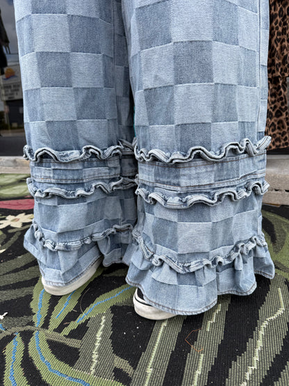 WASHED CHECKERBOARD DENIM RUFFLED DETAIL PANTS