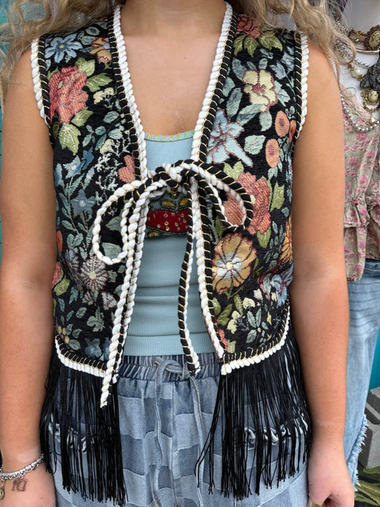 WESTERN TAPESTRY FRINGED VEST WITH FRONT TIE