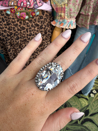 WETSTONE: Clear Diamond Antique Silver Liz Taylor Ring