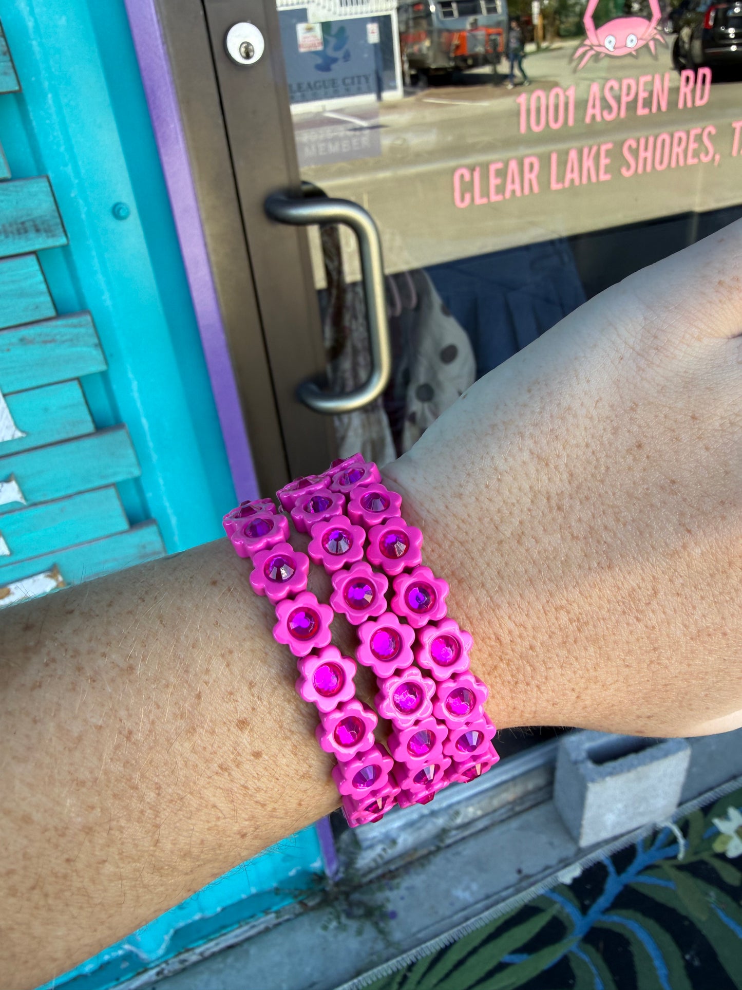 Electric Pink Flower Stretch Bracelet