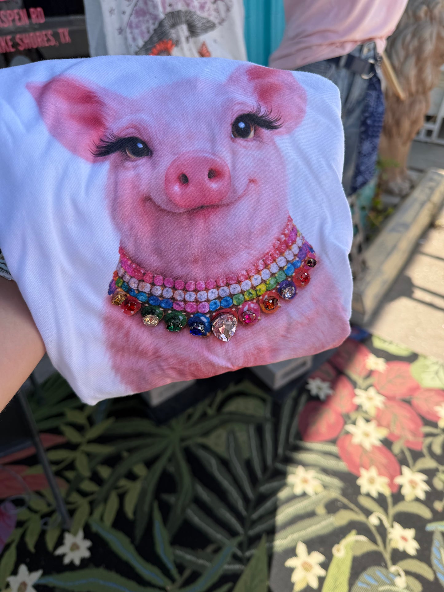 Jeweled Collar Happy Pig on White or Natural Crew