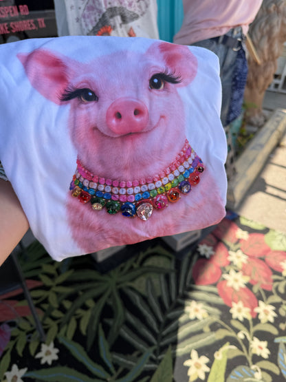 Jeweled Collar Happy Pig on White or Natural Crew
