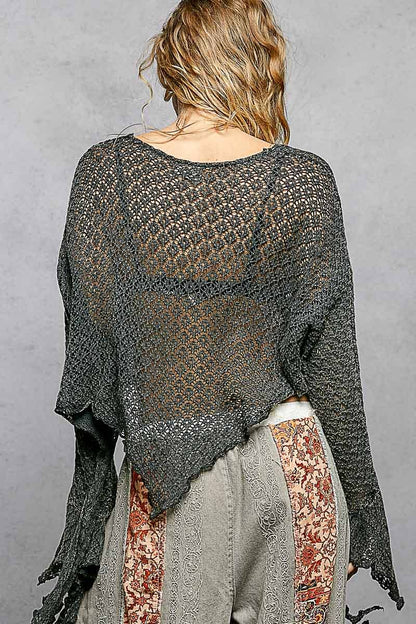 Round Neck Crochet Raw Edge Solid Knit Top
