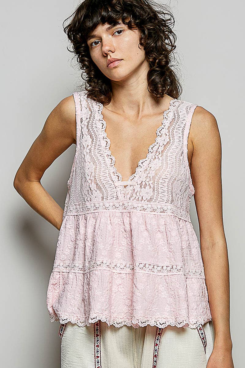 Sleeveless Deep V-neck Lace Trim Knit Top