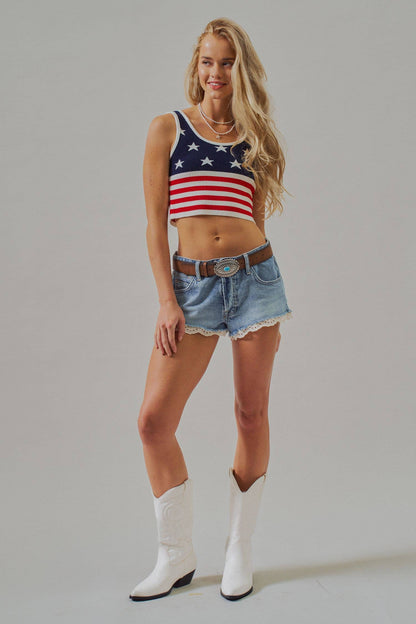 American Flag Knit Ribbed Crop Tank Top