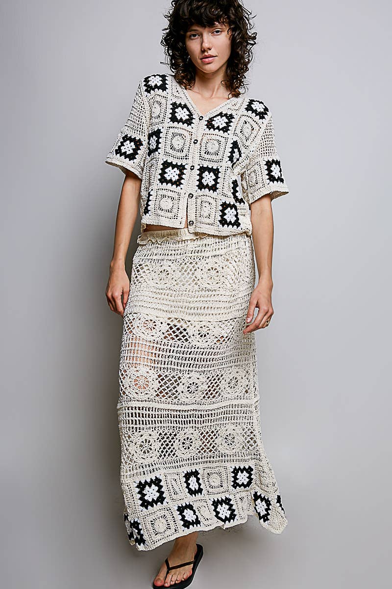 Granny Square Weave Ruffle Waistband Crochet Maxi Skirt