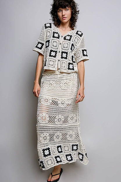 Granny Square Weave Ruffle Waistband Crochet Maxi Skirt