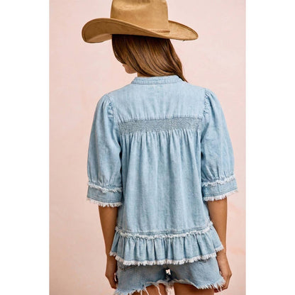 WASHED LIGHT DENIM SMOCKED DETAIL RUFFLED HEM TOP