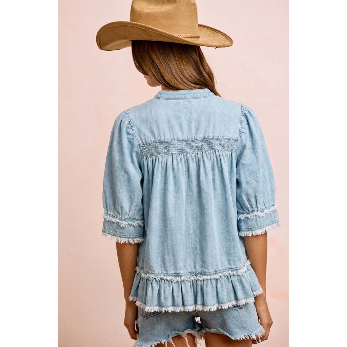 WASHED LIGHT DENIM SMOCKED DETAIL RUFFLED HEM TOP