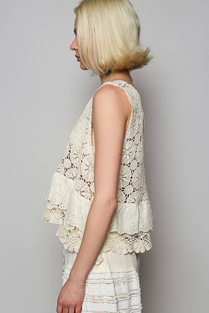 Round neck ruffle embroidered eyelet crochet top