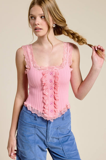 Scalloped Lace Trim Corset-Bodice Knit Tank Top