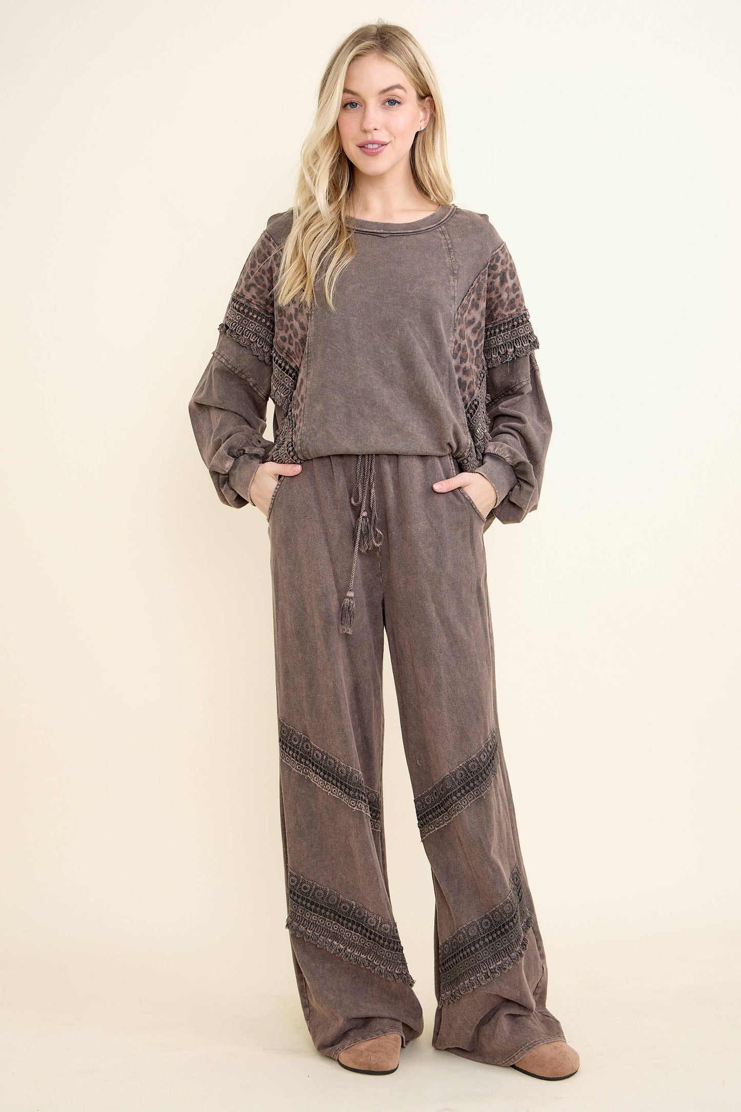 Mineral Washed  Leopard Fringe Terry Top