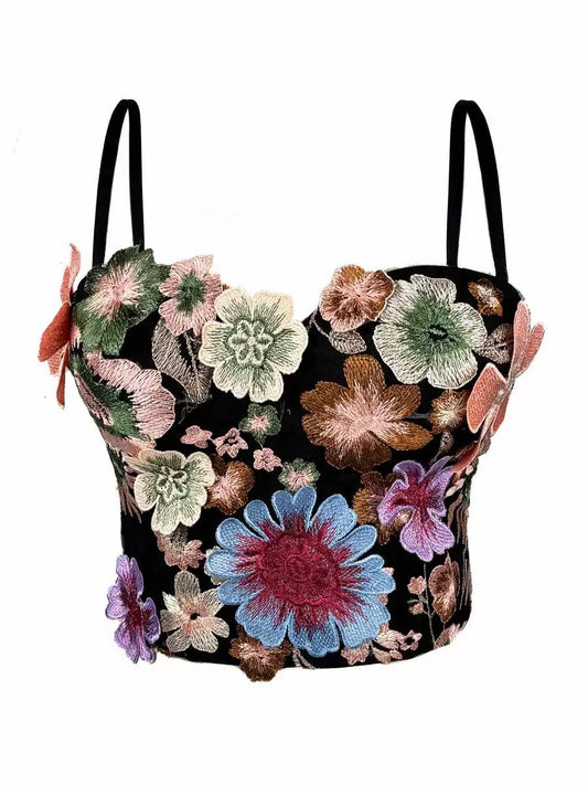 Retro Floral Embroidered Tube Top Camisole with Bra