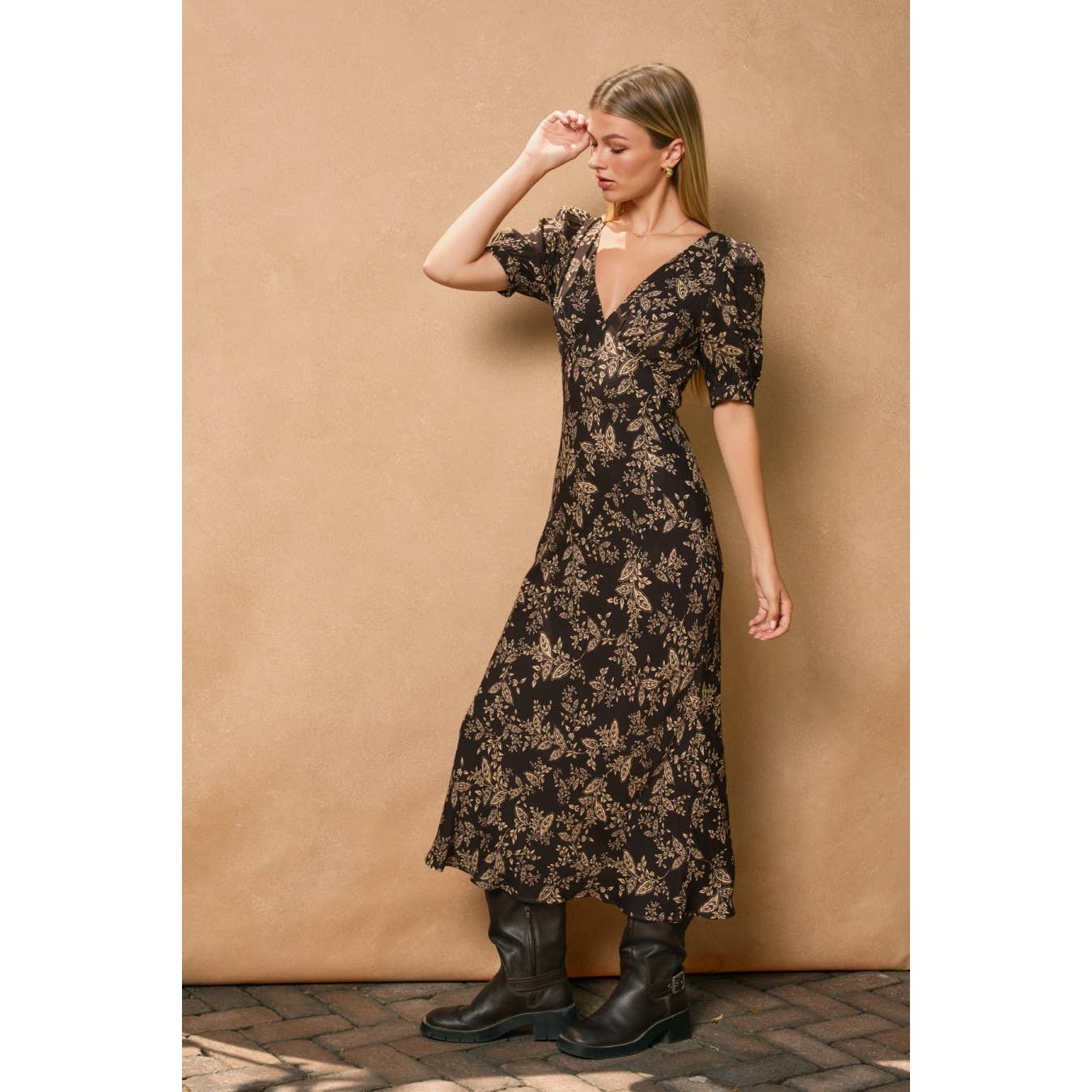 Brown Butter Puff Sleeve V Neck Dress