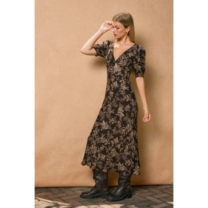 Brown Butter Puff Sleeve V Neck Dress