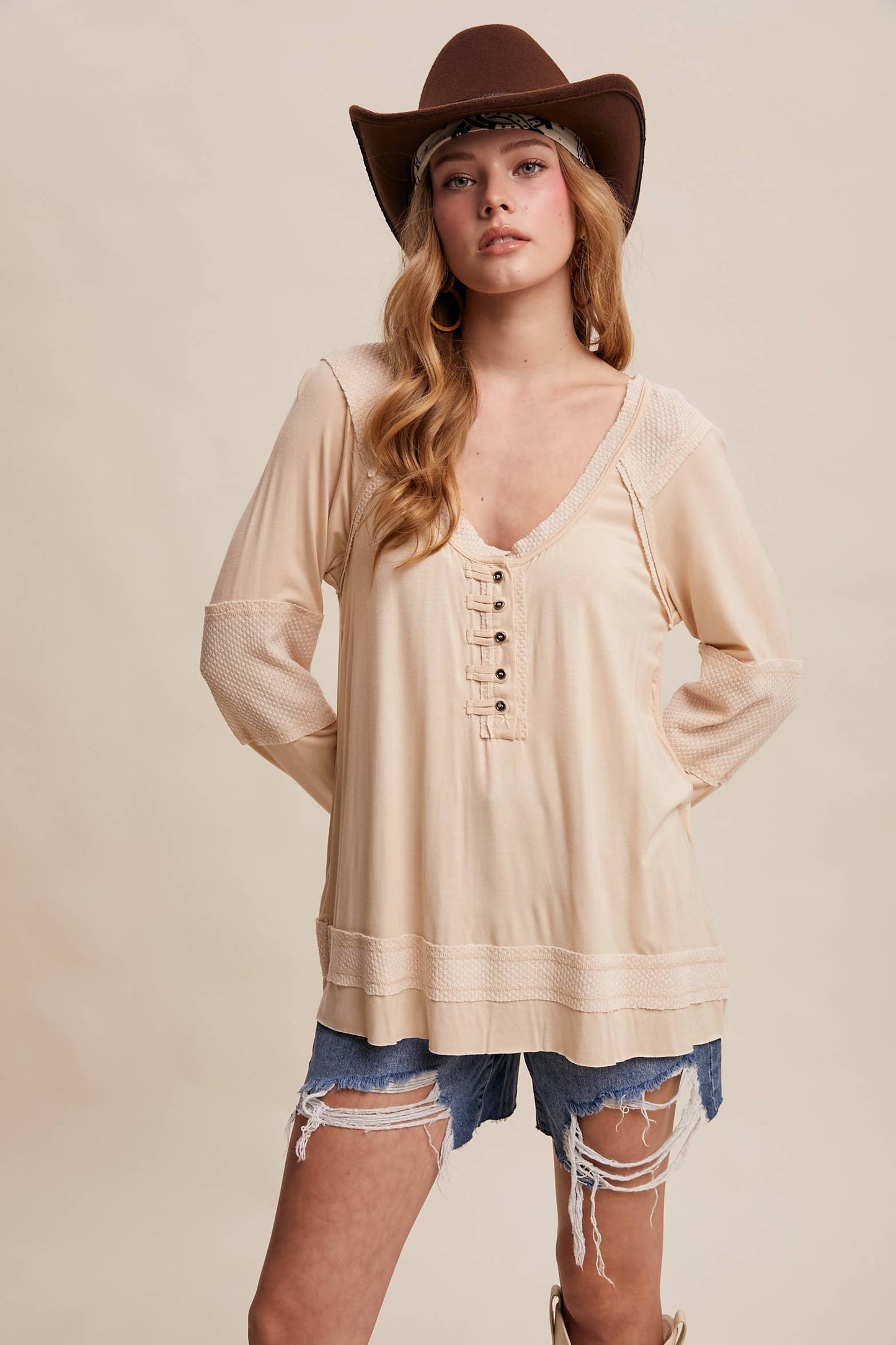 Textured Panel Button Henley Top
