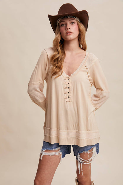Textured Panel Button Henley Top