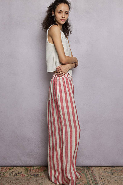 Stripe Elastic Waist Band Linen Wide Pants