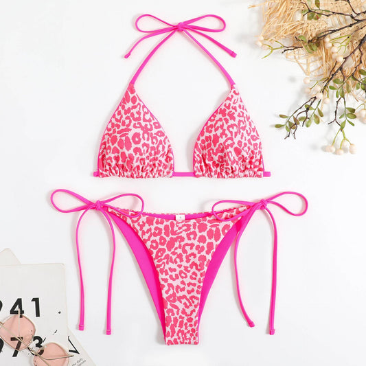 Leopard print halterneck bikini 2-piece swimsuit