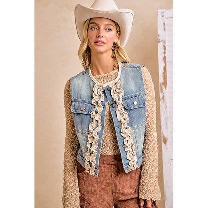 WOMEN WASHED DENIM RUFFLE LAYERING VEST