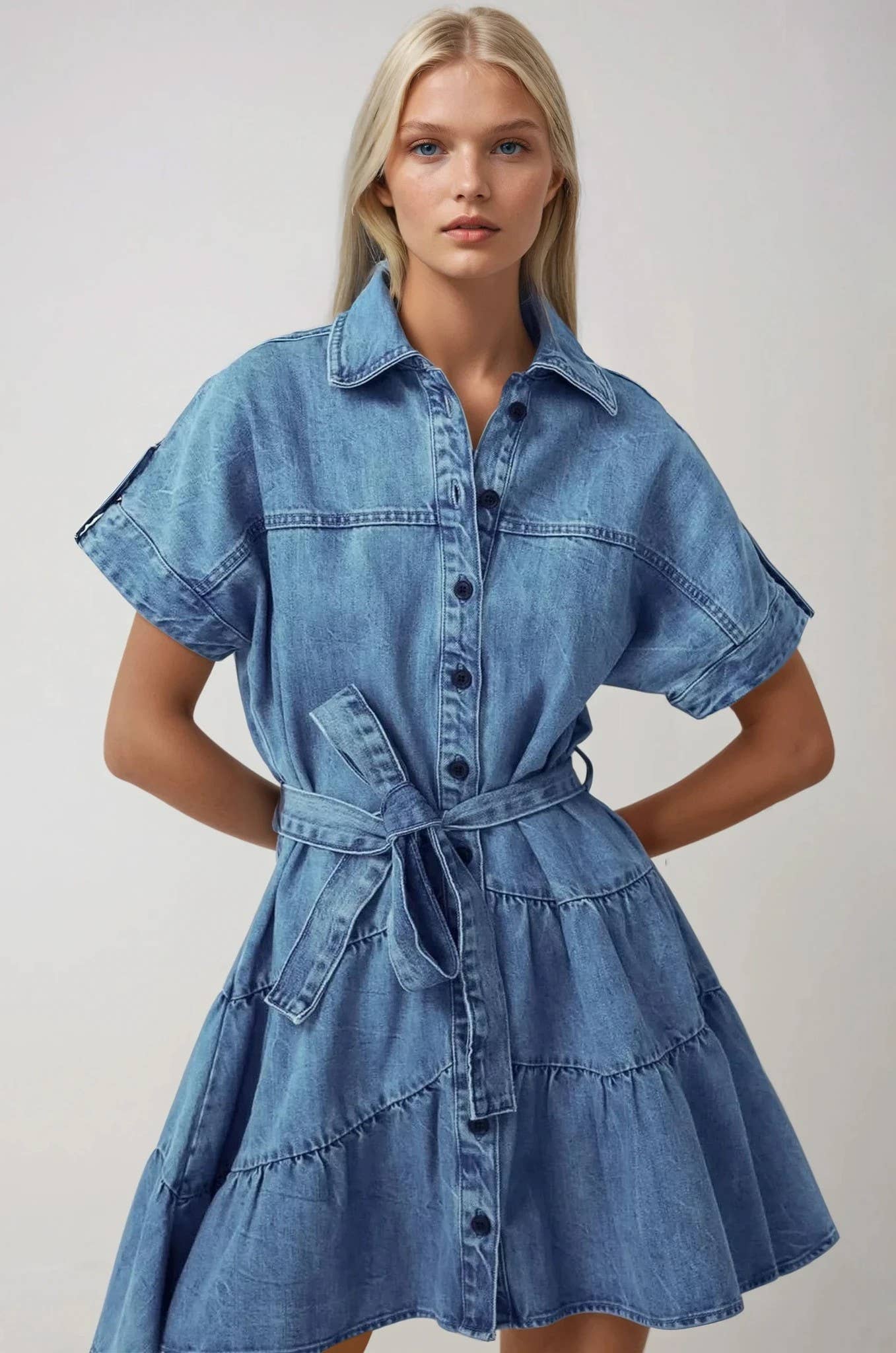 TIERED DENIM MINI DRESS WITH WAIST SASH
