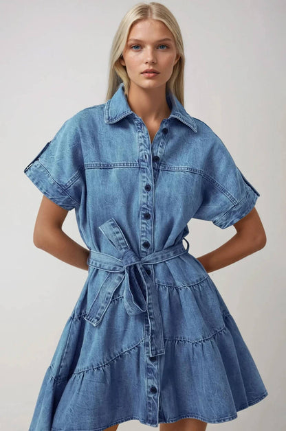 TIERED DENIM MINI DRESS WITH WAIST SASH