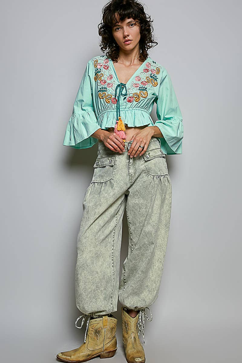 3/4 Sleeve Embroidered Bead Neck Loop Tassel Cotton Top
