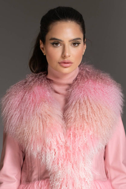 Pink Ombre Leather Jacket with Mongolian Wool Collar